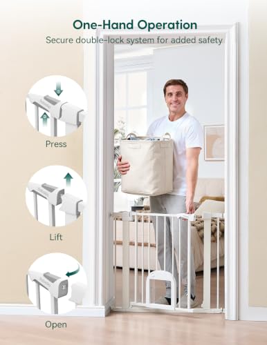 Babelio Adjustable Dog Gate with Cat Door, White, 29-43 inches Wide, 30 inches Tall - No Tools Needed