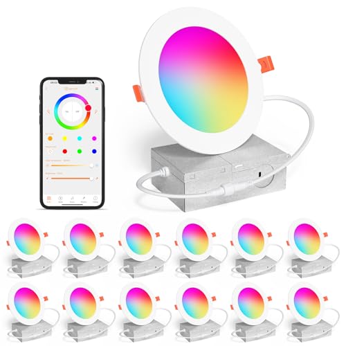 SikSog 4 Inch RGB+CCT Smart Recessed LED Downlights 12 Pack - Bluetooth & Alexa Compatible, Dimmable, 1080 Lumens, White Shell