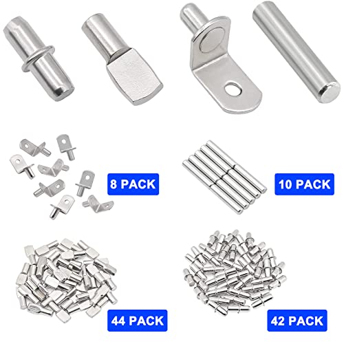 Cerpourt 104Pcs Nickel Plated Shelf Pins Kit - 4 Styles, Support Pegs for Cabinets & Shelves, 5mm & 1/4 Inch