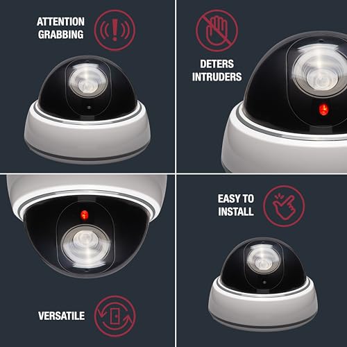 SABRE Fake Dome Security Camera, Flashing Red Light For Nighttime Visibility, Realistic Design Deters Intruders, Battery Operated, No Wiring Required, Fake Dummy Camera, White