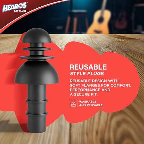 Hearos Earplugs Rock 'n Roll Series with Free Case, 1-Pair, NRR 27, TPE, Reusable, Black (309)