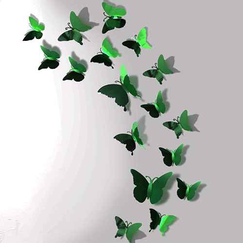 3D Mirror Metallic Butterfly Wall Decor, Green, 48Pcs 4 Styles 3 Sizes, Removable Stickers Wall Decor Room Mural for Party Cake Decoration Kids Bedroom Nursery Classroom Wedding Decor