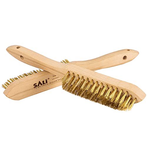 SALI Heavy Duty Copper Plated Steel Brushes - for Rust Removal, Automotive Cleaning, Welding Slag, Grill & Household Use, 11" Curved Beechwood Handle, 14X4 Rows Bristles (Pack of 2)