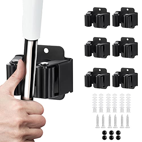 Matte Black 6-Piece Heavy Duty Stainless Steel Broom and Mop Holder | Wall-Mounted Garden Tool Organizer Rack