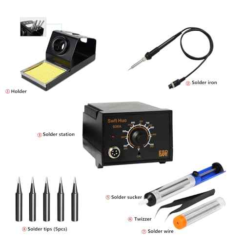Soldering Iron Station, 936A 60W Soldering Station Kits with 5 Soldering Round Tips, Solder Wire, Tweezers, Desoldering Pump and Rework Station Kit for Electronics (Black)