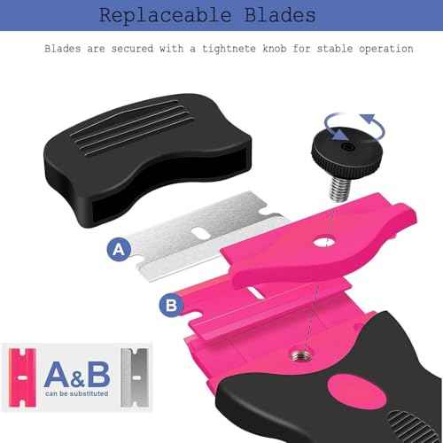 2PCS Razor Blade Scraper, Double Edged Razorblade Scraping Tool with 30Pcs Razor Blades, Paint Scraper for Glass, Decals, Tint, Stickers, Labels, Caulk, Adhesive (Pink)