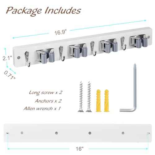 2 Pack Mop Broom Holder Wall Mount - White Wood Broom Mop Hanger - Wall Mounted Garden Tool Rack Organizer for Closet Garage Laundry Room, 4 Slots & 4 Hooks