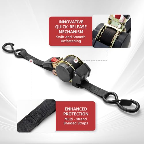 GREATMAG Heavy Duty Black Retractable Ratchet Tie-Down Straps 1800 lbs, 1in x 10ft, Auto Rewind, 2 Pack for Truck, Trailer & Cargo