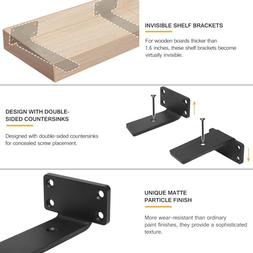HITOMEN Heavy Duty Floating Shelf Brackets 4 Pack - 4 Inch Black Iron Wall Supports