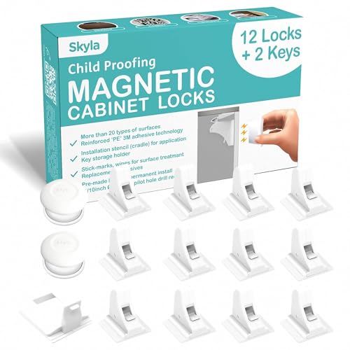 Skyla Homes Magnetic Cabinet Locks 12 Pack with 2 Keys - Babyproofing Safety Locks