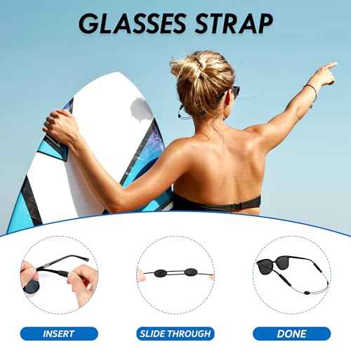 Adjustable Glasses Strap, Anti-Slip Sunglasses Strap for Sports, No Tail Glasses Holder Cord, with Steel Wire Cable Eyewear Retainer (3 Pcs, Black)