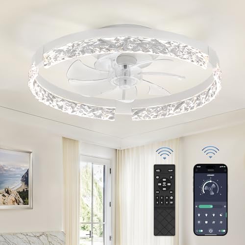 LEDIARY 20-inch White Low Profile Ceiling Fan with Light, Remote & APP Control, Reversible Motor