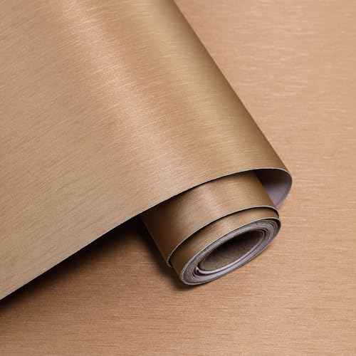 Yun-aeon Metallic Grasscloth Peel and Stick Wallpaper Brass Satin Contact Paper 15.7"x 118.1" Modern Thicken Wall Paper Self Adhesive Removable Vinyl Wallpaper for Kitchen Cabinets Countertops Fridge