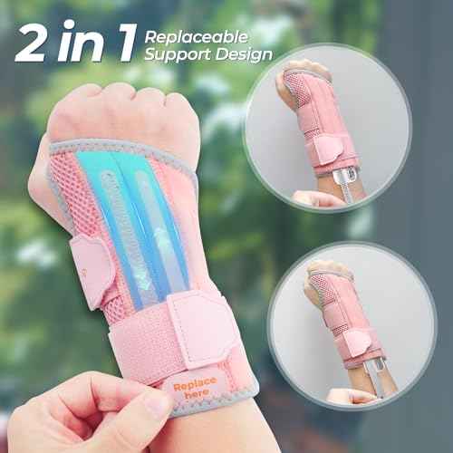 2 in 1 Carpal Tunnel Wrist Brace, 3 Adjustable Stability Wrist Support, Customized Wrist Splint with Replaceable Springs (Right - Pink, S/M)
