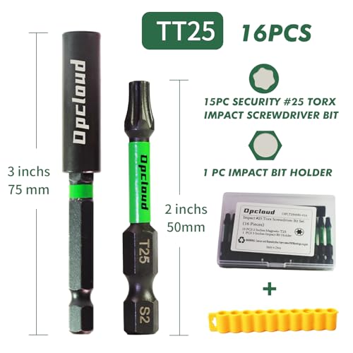 T25 Impact Screwdriver Bit Set, 16 Pieces 2¡±S2 Steel Magnetic Security #25 Torx Tips Driver Power Bit Set with Extension Impact Bit Holder