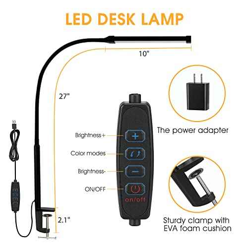 LED Desk Lamp with Clamp, Eye-Caring Clip on Lights for Home Office, 3 Modes 10 Brightness, Long Flexible Gooseneck, Metal, Swing Arm Architect Task Table Lamps with USB Adapter, Black
