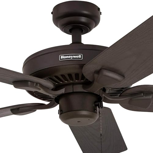 Honeywell Ceiling Fans Belmar 52 Inch Ceiling Fan Without Light, Outdoor Ceiling Fan with Pull Chain, Tri-Mount Traditional 5 Blade Design, ETL Wet Rated, Bronze (50199-01)