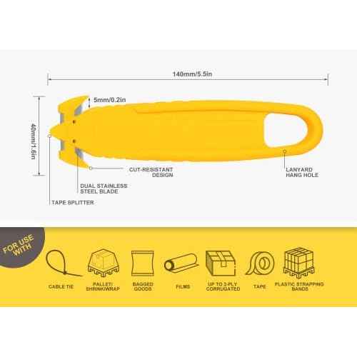 Safety Box Cutter, T TOVIA SK2 Stainless Steel Concealed Blade Package Opener with Tape Splitter for Cartons, Cardboard, Wrap, Straps, Film (5 Pieces - Yellow)