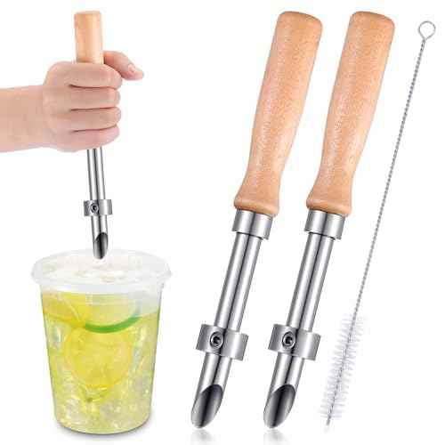 Lasnten 2 Pack Straw Puncher for Plastic Lids Lemonade Cup Stainless Steel Straw Hole Puncher with Wooden Handle Punching Tools for Lemonade Stand Supplies
