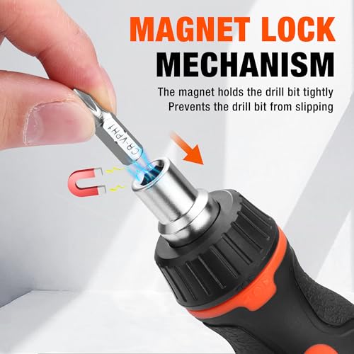 ValueMax 8-in-1 Stubby Ratcheting Screwdriver, Multi-bit Screwdriver, Quick-load Mechanism, Adjustable Magnetic Tool with Phillips, Slotted, Torx Screw Driver Bits and 1/4" Nut Driver