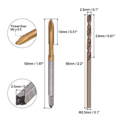 uxcell M3 x 0.5 Spiral Point Thread Tap and 2.5mm Drill Bit Set, Metric Titanium Plated Cobalt High Speed Steel Machine Screw Thread Tap Threading Tool