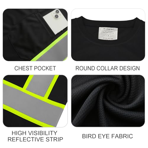 wefeyuv 3PCS-High Visibility Shirts Quick Dry Safety T Shirts with Pocket and 3 Reflective Strips Short Sleeve Mesh Hi Vis Construction Work Class 2 Shirt for Men/Women, Black L