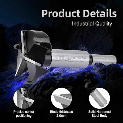 Mollom (44.5mm|1-3/4") Triple Flute Forstner Drill Bit for Woodworking with 3-Cutter YG8 Carbide Tipped of 2.0mm,Hinge Cutter Tool Kits for Hard Soft Wood, Plastic, Plywood