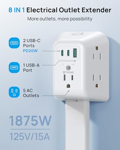TROND Outlet Extender Stick with 360 Rotating Plug - Extendable Surge Protector