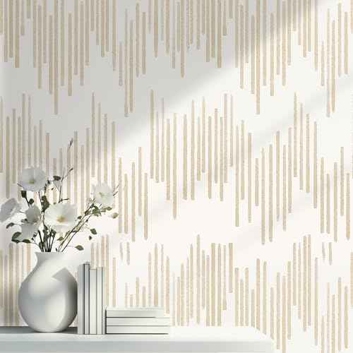 WENMER Beige Striped Wallpaper, Geometric Peel and Stick Wallpaper, 17.7''¡¿118'' Gold Contact Paper, Beige Self Adhesive Removable Wall Paper for Bathroom Cabinets Kitchen