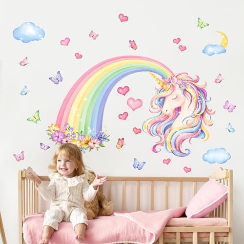 Rainbow Unicorn Wall Decals Rainbow Flowers Butterflies Clouds Hearts Unicorn Wall Stickers Baby Nursery Girls Bedroom Daycare Wall Decor
