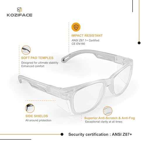 KOZIFACE E52C Anti-Fog Safety Glasses ? Z87+ Certified Protective Eyewear with Side Shields, Scratch-Resistant Clear Lens, Comfortable for Men & Women, Indoor & Outdoor Use