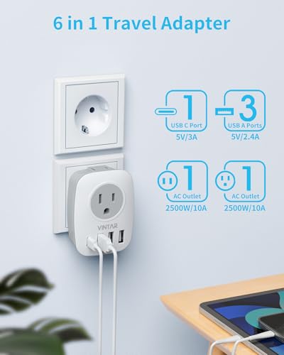 VINTAR 2 Pack European Travel Plug Adapter with USB-C - Type C Adapter for Most of Europe