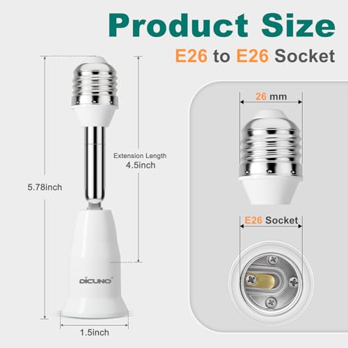 DiCUNO 2-Pack Light Socket Extender 4.5 Inch, 350° Adjustable E26 Bulb Socket