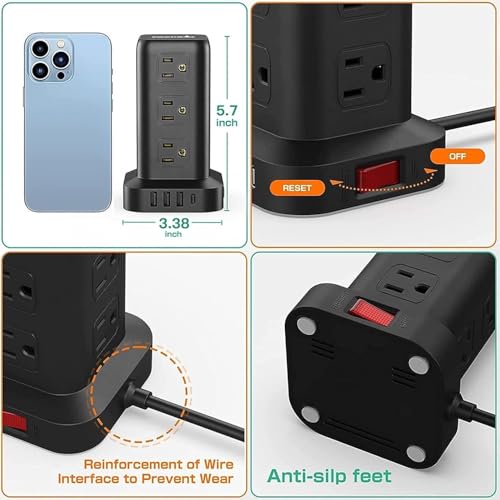 SMALLRT Black Power Strip Tower with 12 Outlets & 4 USB Ports, 6.5FT Extension Cord, Overload Protection, No Wireless Charging