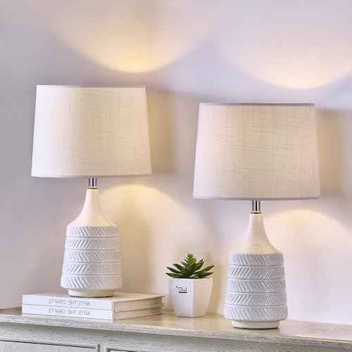 White Ceramic Table Lamps Set of 2, Decor Farmhouse Lamps for Living Room End Tables, 18.5" Bedside Lamps for Night Stands, Modern Boho Lamp for Bedroom Office, 3-Color Temperature LED Bulbs Included