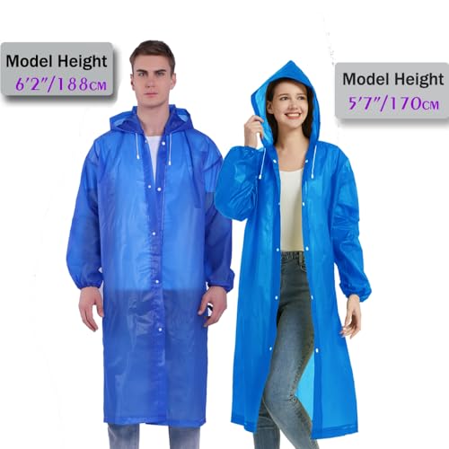 YDYJKI 2 Pack Waterproof Rain Ponchos for Adults with Hood, Reusable Lightweight Emergency Raincoats - One Size Sapphire Blue