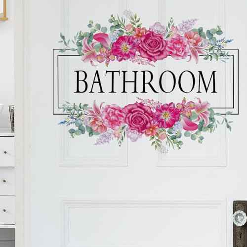 2 Pcs Bathroom Signs Wall Decals Stickers Decor Beautiful Flower Stickers Wall Decals Peel and Stick DIY Removable Wash Room Door Decor