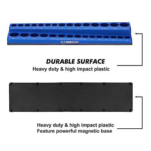 CASOMAN Magnetic Socket Organizer, 3 Piece Socket Holder Kit, 1/2-inch, 3/8-inch, 1/4-inch Drive, Holds 75 Metric Sockets, Blue Color, Professional Quality Tools Organizer, Socket Not Included