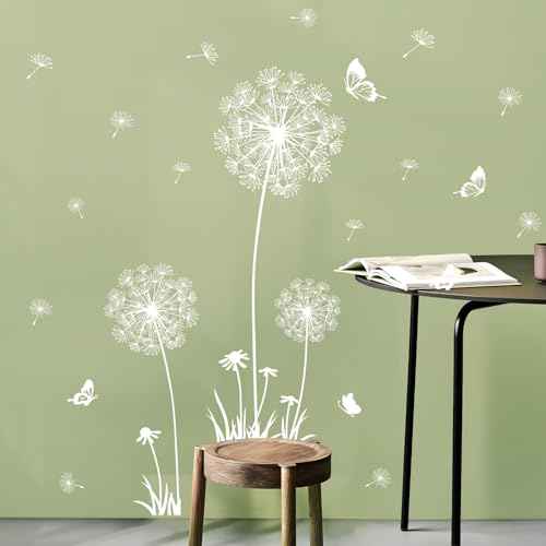 2 Sheets Dandelion Wildflower Wall Decals Art, Wall Stickers Peel and Stick Floral Butterflies Flying Decor for Girls Kids Women Baby Nursery Living Room Bedroom Bathroom Hallway Stairwell (White)