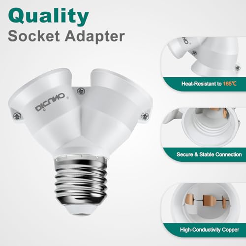 DiCUNO 2 in 1 E26 Socket Splitter Adapter - 2 Pack, Bulb Connector for All E26 Base Light Bulbs