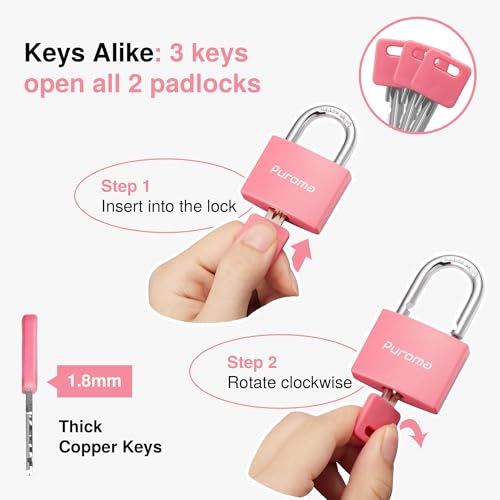Puroma Pink 2-Pack Aluminum Keyed Padlocks 7/8” (43mm) with 3 Keys for Gym Lockers