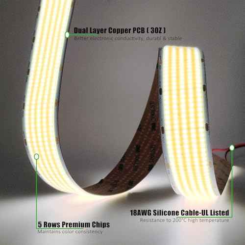 JOYLIT 30MM Wide COB LED Strip Lights 24V Cool White 6000K 16.4FT/5M 8000LEDs 22000LM Ultra Bright, 5 Rows LED Tape Light CRI 90+ 160W Dimmable Indoor Light Strip for Commercial, Home, Industrial