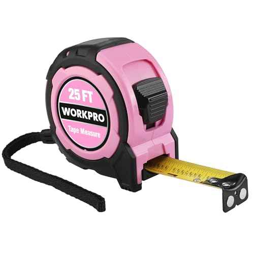 WORKPRO 25FT Pink Tape Measure, 1/8 Fractions Easy Read Measuring Tape, Retractable Nylon Coating Measurement Tape Accuracy 1/32, Magnetic Hook, Belt Clip, Rubber Protective Casing - Pink Ribbon