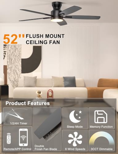 Ohniyou 52'' Low Profile Black Ceiling Fan with Lights, Remote & App Control