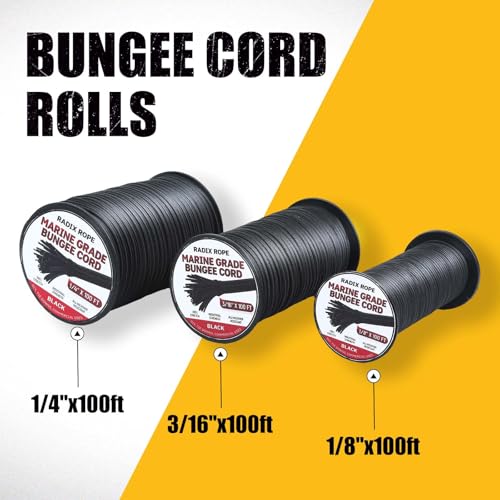 Radix Rope 1/4" x 100ft Marine Grade Heavy Duty Bungee Cord Roll Waterproof Elastic Shock Cord for Kayak, Camping, Outdoor Use