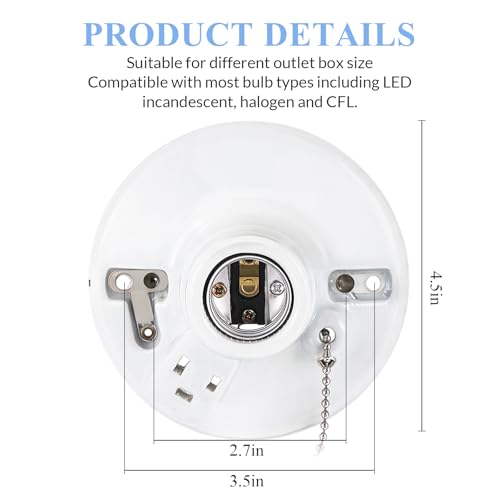 Saysurey Porcelain Light Socket with Outlet & Pull Chain - 1 Pack