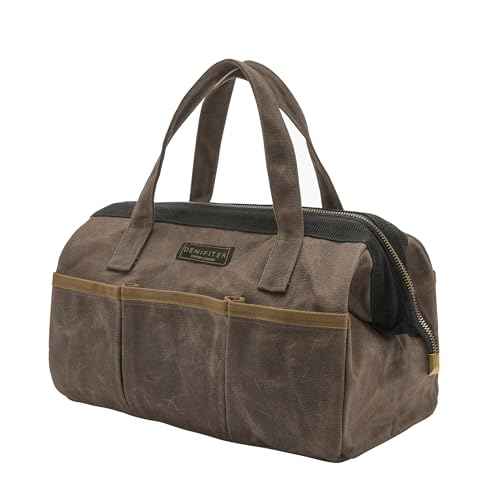 Tool Bag, 13-inch Heavy Duty 16oz Waxed Canvas Wide Mouth Water-Resistant Tool Bag, Tool Tote with Handle for Tools, Wrenches, Screwdrivers (13 X 7.8 X 9 inch) | Grey