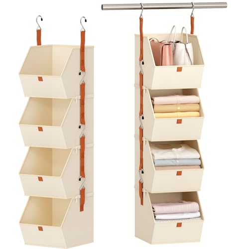 Hanging Closet Organizer 4 Tier - Clothes Hanging Shelves, Space-Saving Closet System, Fabric Storage Bins Bedroom Organization, Collapsible Baskets for Home, Dorm, Rv, Beige