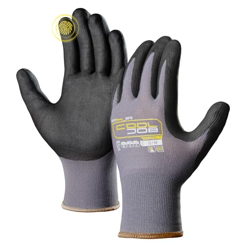 COOLJOB 12 Pairs Safety Work Gloves Microfoam Nitrile Rubber Coated, Seamless Knit Nylon Gloves with Full Fingers Touchscreen, Grip Nitrile Dipped, Ideal for Warehouse, Home Improvement, Grey Medium