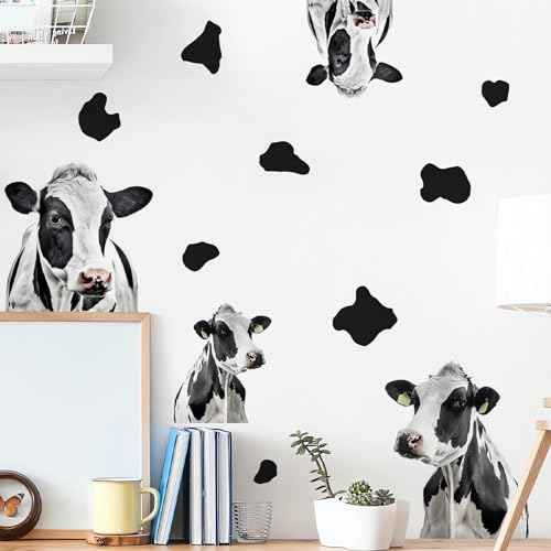Funny Cows and Cow Print Wall Stickers, sacinora Modern Cow Spot DIY Wall Decals Removable Black Vinyl Peel and Stick for Living Room Bedroom Bathroom Door Furniture Nursery Art Home Decorations